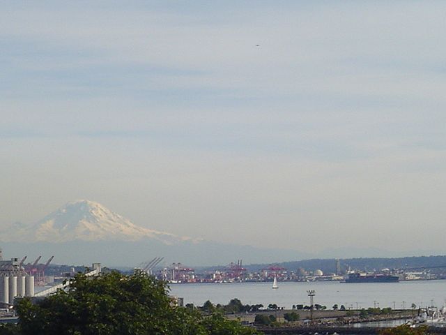 Mt Rainier over Elliott Bay and downtown Seattle