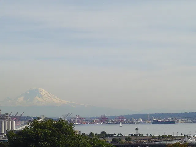 Mt Rainier over Elliott Bay and downtown Seattle