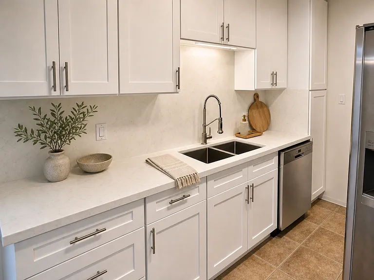Brand new white shaker, slow close cabinets