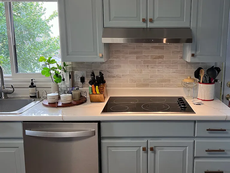 Dishwasher, glass cooktop and kitchen sink overlooking the mature backyard. Door to the backyard on the right.