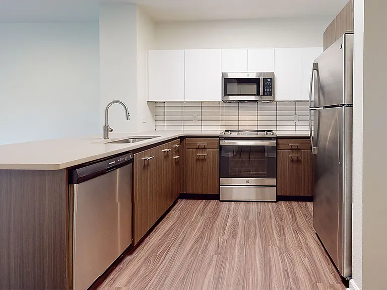 Apartment kitchen with stainless steel appliances, quartz countertops and wood-style flooring.