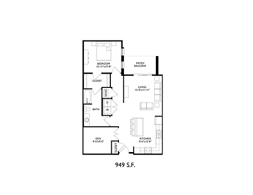 Floor plan 1+Den, 1 Bathroom