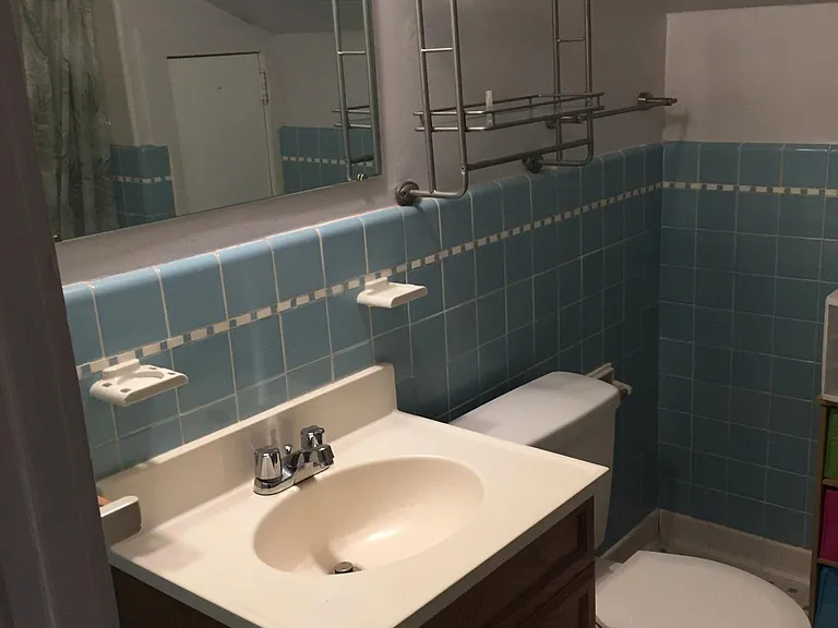 Bathroom sink and commode, mirror, shelving and towel bar