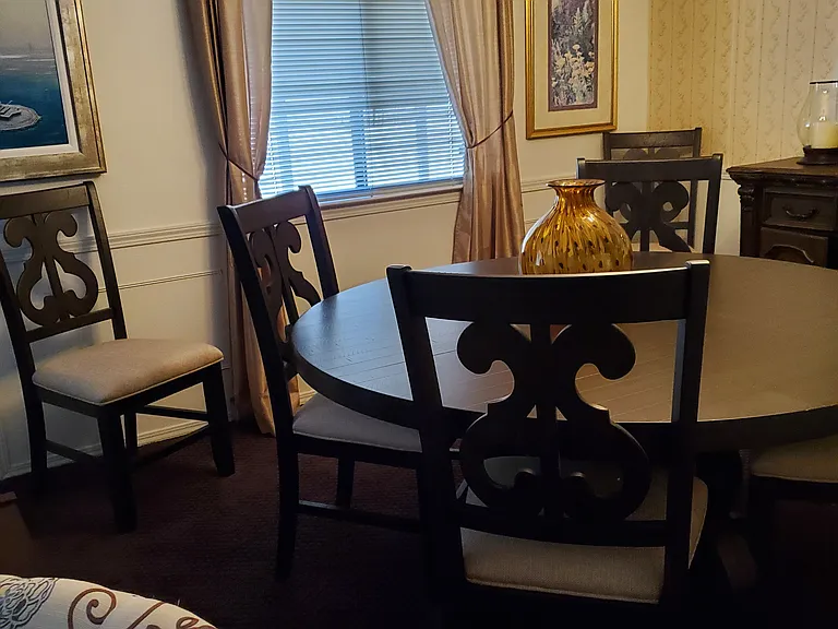 formal dining table, 6 upholstered chairs, buffet, living room chair
