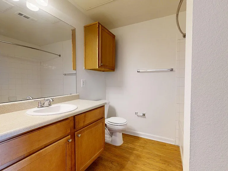 Apartment bathroom with wood-style flooring.