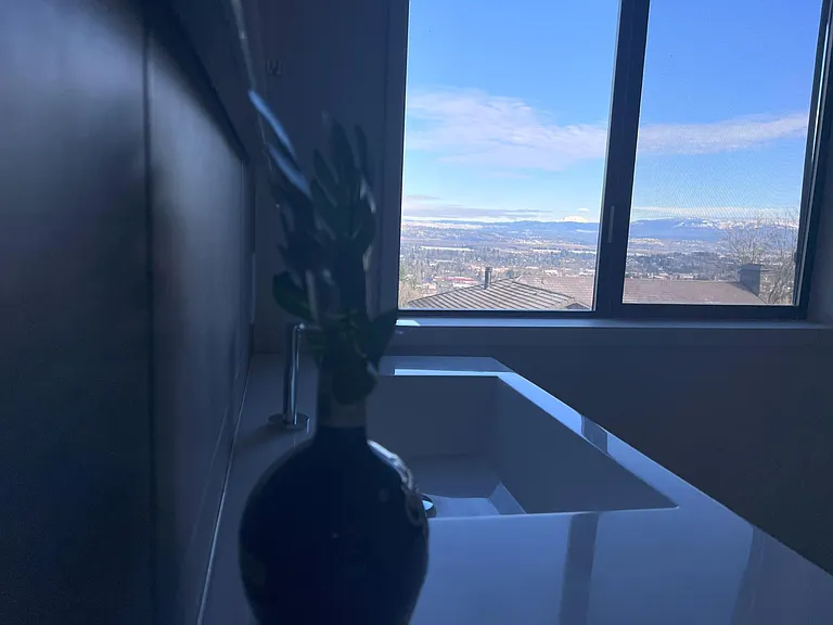 Mt. Saint Helens, Columbia River, and Cascade Range views from the bathroom window
