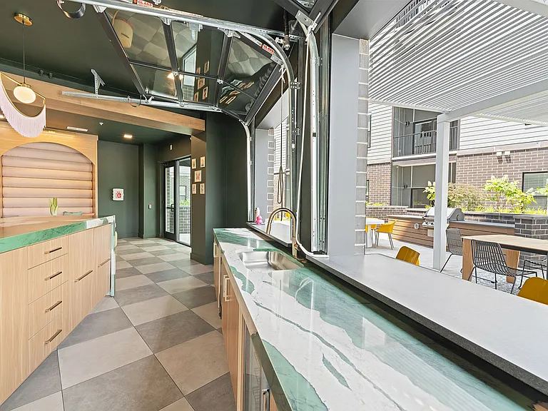 music room kitchen with garage windows