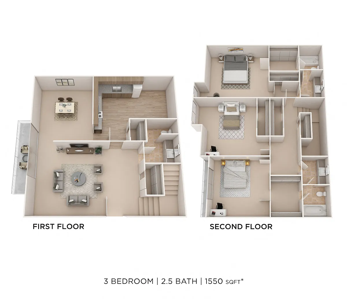 Floor plan Three Bedroom Townhomes