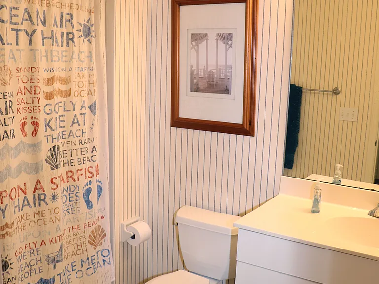 Second bathroom bathtub shower combo with single sink