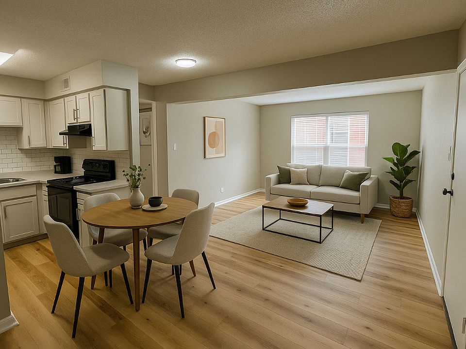 2BR/1BA Kitchen, Dining Area, and Living Room (staged using A.i.)