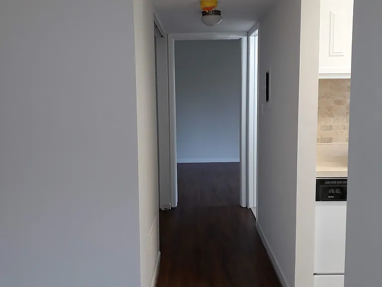 Hallway going past kitchen and bathroom to the bedroom.