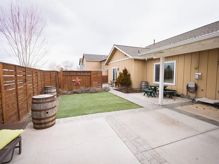 Fully xeriscaped backyard with artificial turf designated pet area shown