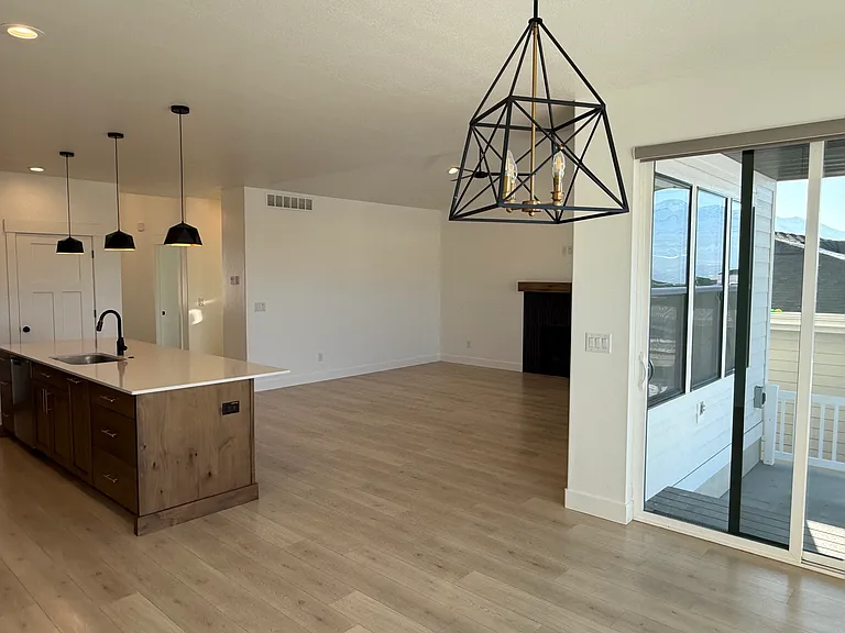 Kitchen and Great Room, sliding glass door to backyard patio.