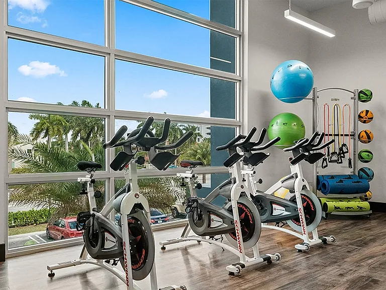 The separate yoga studio also includes spin bikes