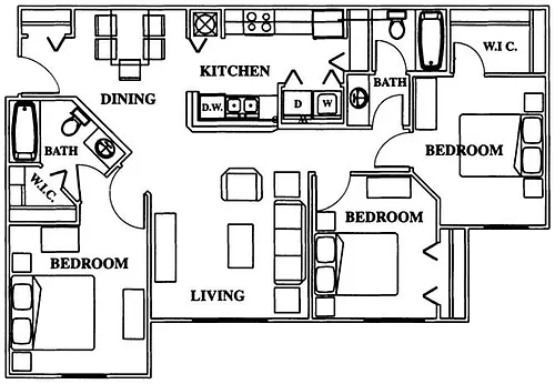Floor plan Three Bedroom Two Bathroom 60%