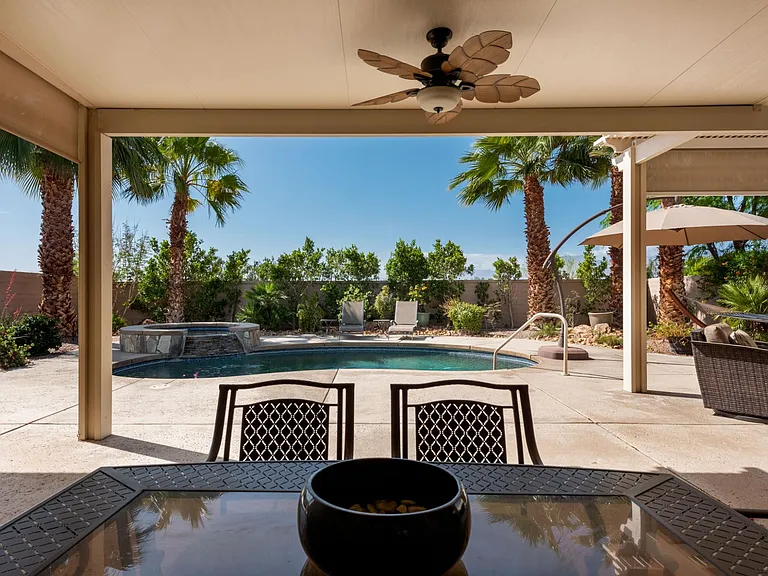 California dining alfresco. Breakfast, lunch & dinner under shaded patio with ceiling fans & remote operated power screens when necessary.