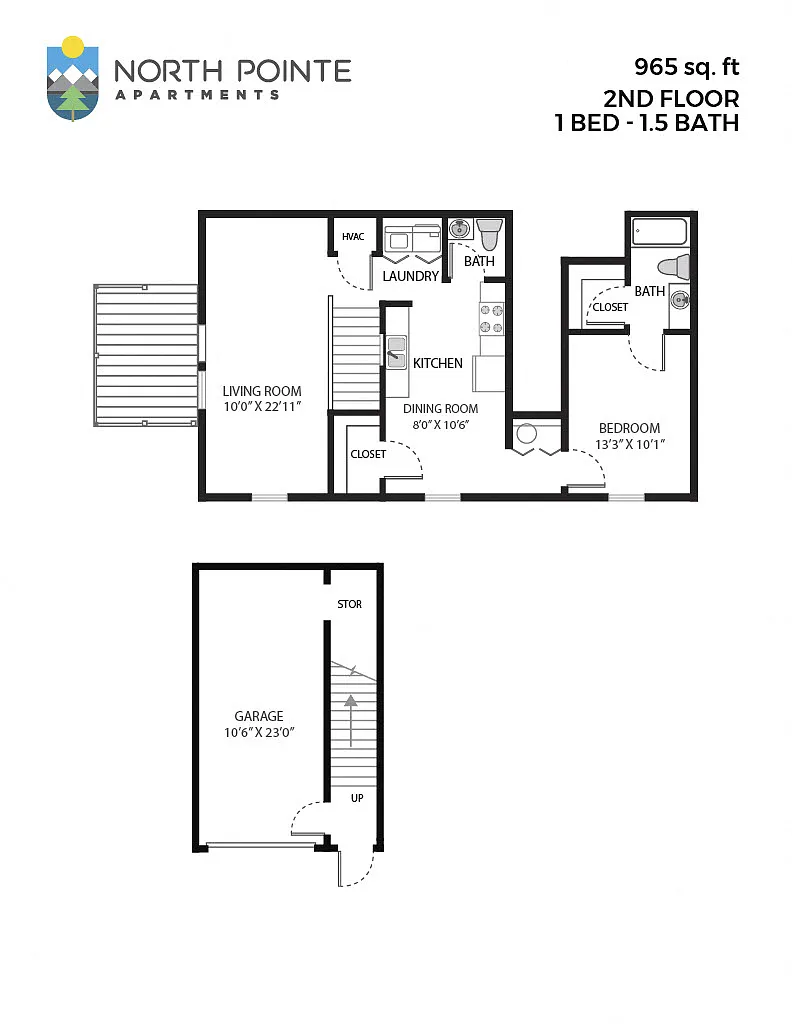 Floor plan 1 Bed, 1.5 Bath - 966 sq ft