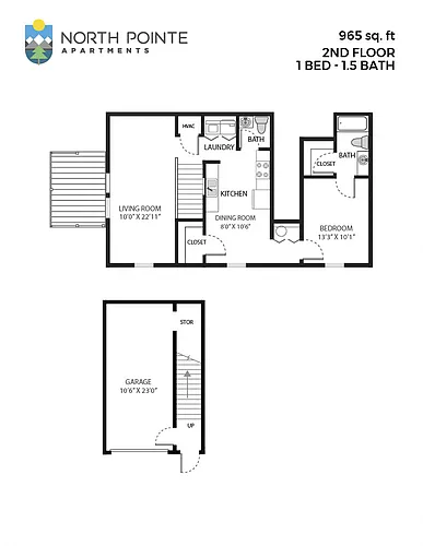 Floor plan 1 Bed, 1.5 Bath - 966 sq ft