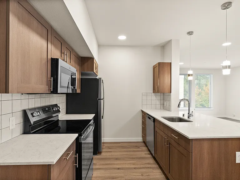 A sleek kitchen design featuring stainless steel appliances, quartz counters, and stylish pendant lights. A sleek kitchen design featuring stainless steel appliances, quartz counters, and stylish pendant lights.
