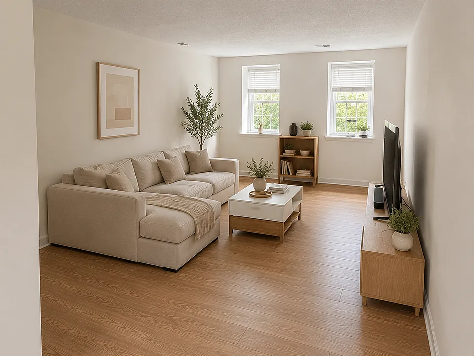 Open living space showcasing the seamless connection between the living room, entryway, and dining area.