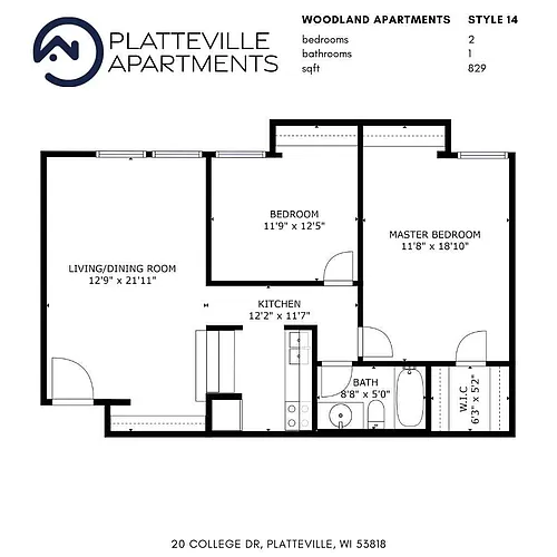 Floor plan 2 Bed, 1 Bath (P)