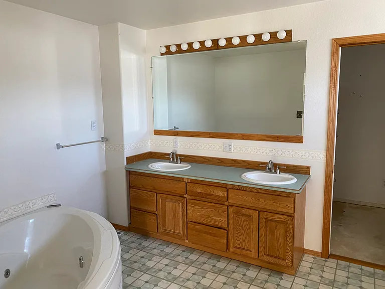Dual vanity and jetted corner soaking tub. One of the walk-in showers is off the master bath