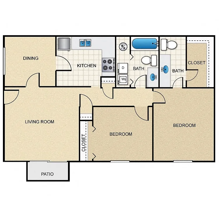 Floor plan 2 Bed, 1.5 Bath