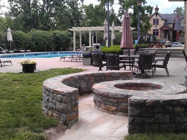 Fire pit, outdoor grills and tables.