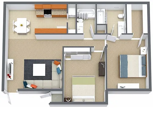 Floor plan 2 Bed, 2 Bath B (60% Income Restricted)