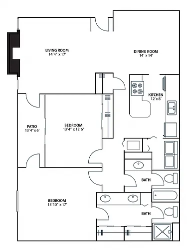 Floor plan 2BR 2BA (1390 SF)