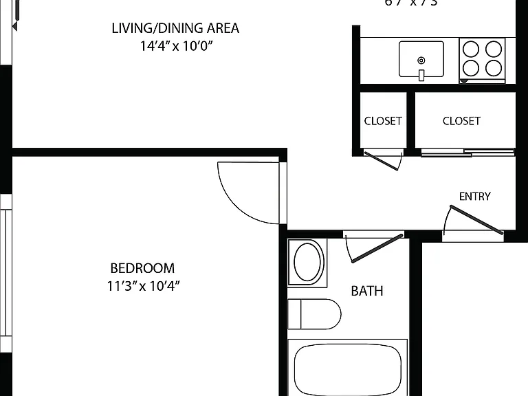 Chic 1-bedroom floor plan featuring a spacious living/dining area, modern kitchen, and ample closet space, offering comfort and style.
