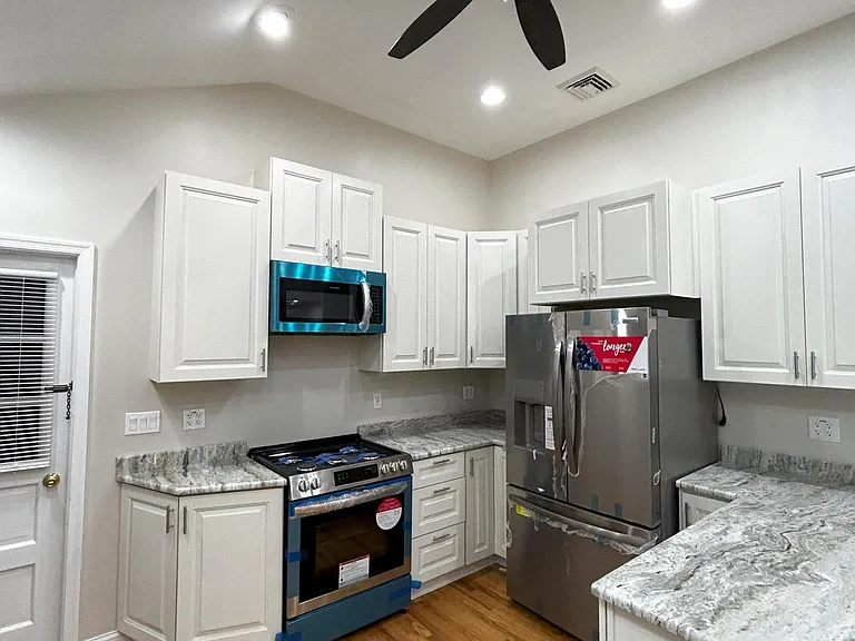 Brand new oven, microwave refrigorator. Plenty countertop and cabinet area.