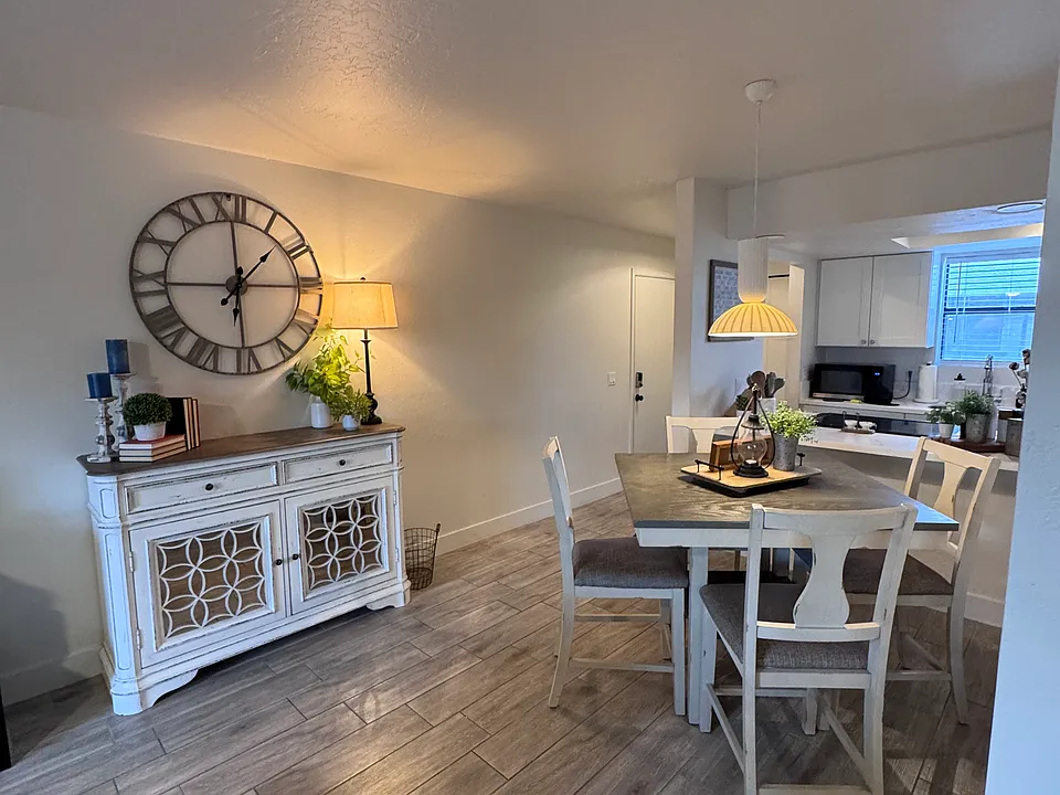 Open dining, kitchen, and living area