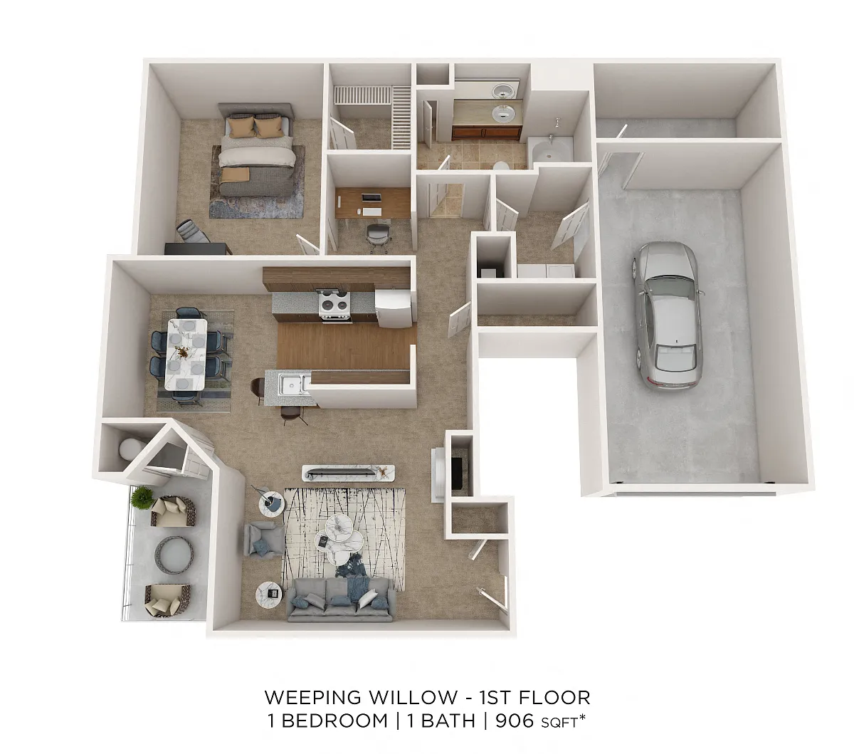 Floor plan One Bedroom w/ Garage - 906 sqft