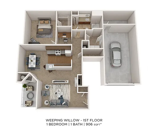 Floor plan One Bedroom w/ Garage - 906 sqft