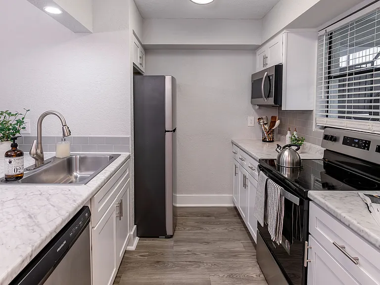 Experience the elegance of a modern kitchen featuring stainless steel appliances, marble-style countertops, and a sleek tile backsplash.