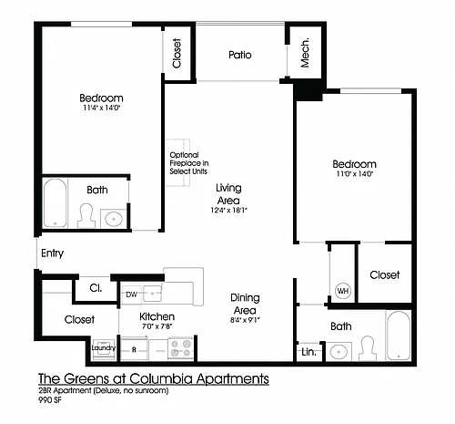 Floor plan 2BR 2BA (990sf)