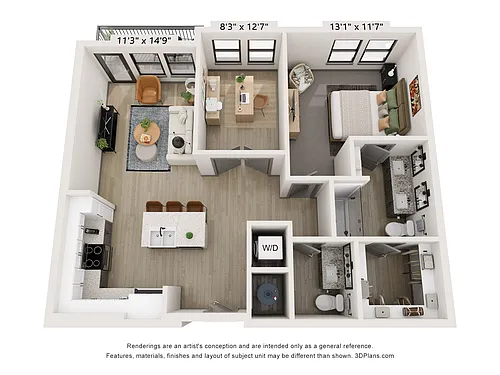Floor plan A8 (1 Bed+Den / 1.5 Bath)