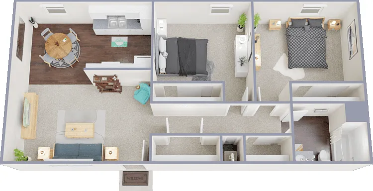 2 Bed 1 Bath B Floorplan Diagram