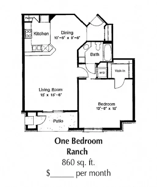 Floor plan 1 Bed Ranch 860 sq.ft.