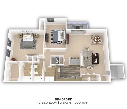 Floor plan Two Bedroom 2 Bath - 1,000 sqft