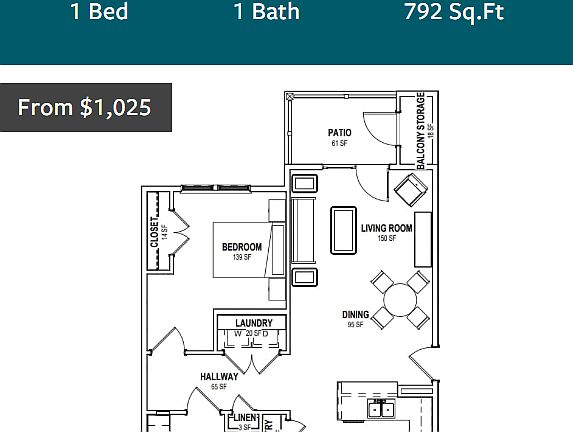 1bd 1ba-Floor Plan
