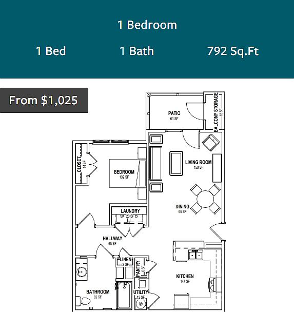 1bd 1ba-Floor Plan