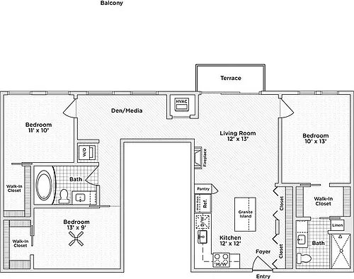 Floor plan 3 Bedroom - 1197sf