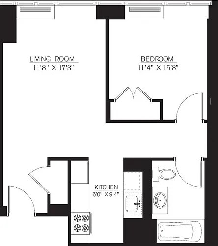 Floor plan 1 bedroom F Line floors 8-16