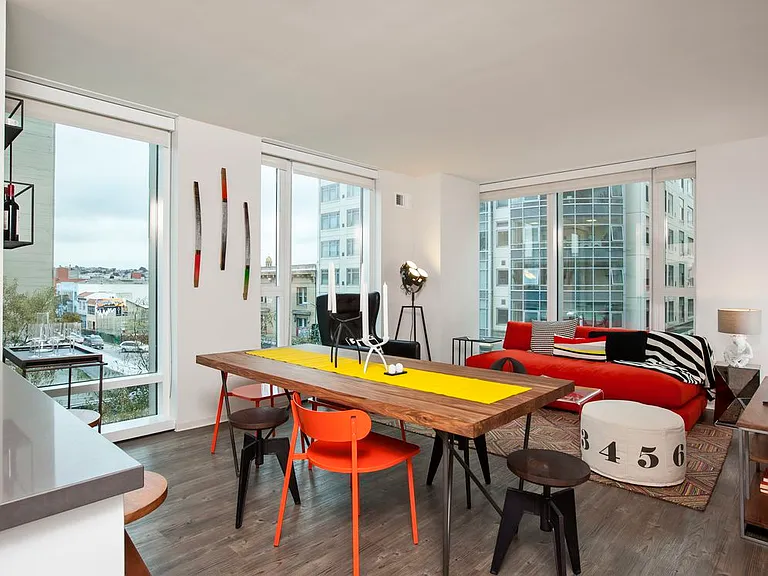 Dining and living area with hard surface flooring