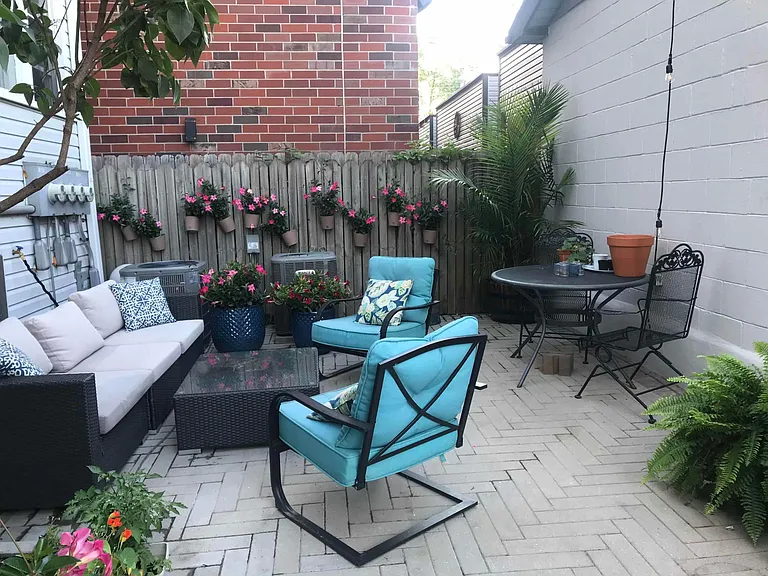 Backyard patio + cable lights