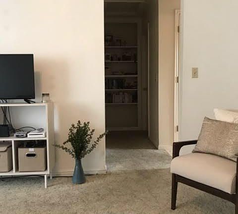 Living room, looking down hallway. Built in shelving at end of hall.