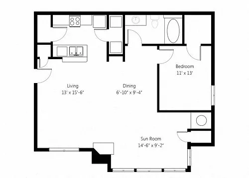 Floor plan Lincoln 1bed 1bath with Sunroom