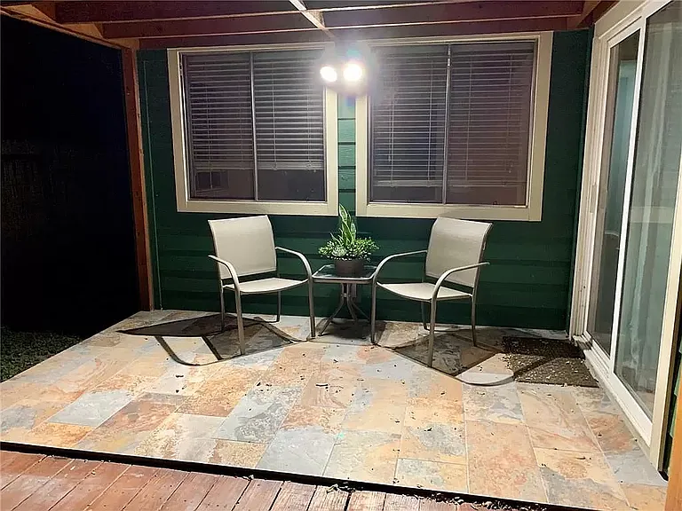 Outdoor patio at night.